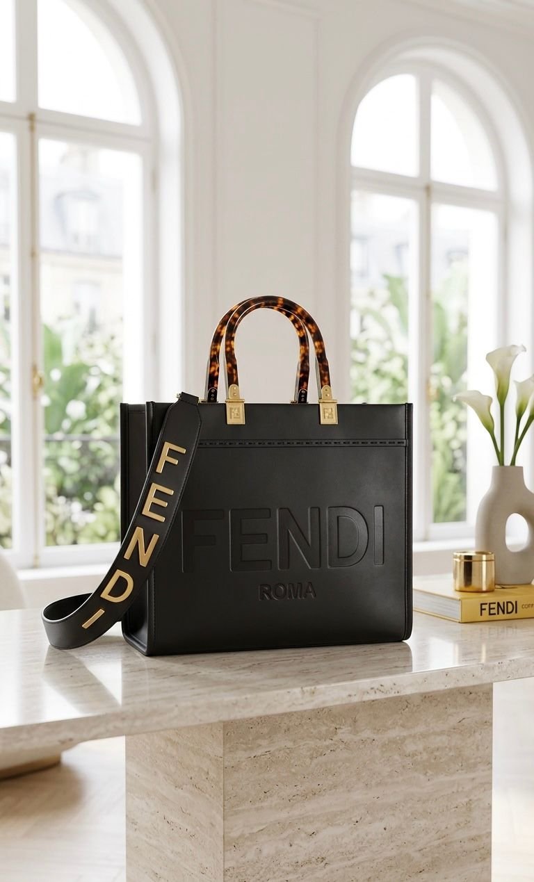 FENDI  MEDIUM SIZE LEATHER SUNSHINE SHOPPERS TOTE BLACK