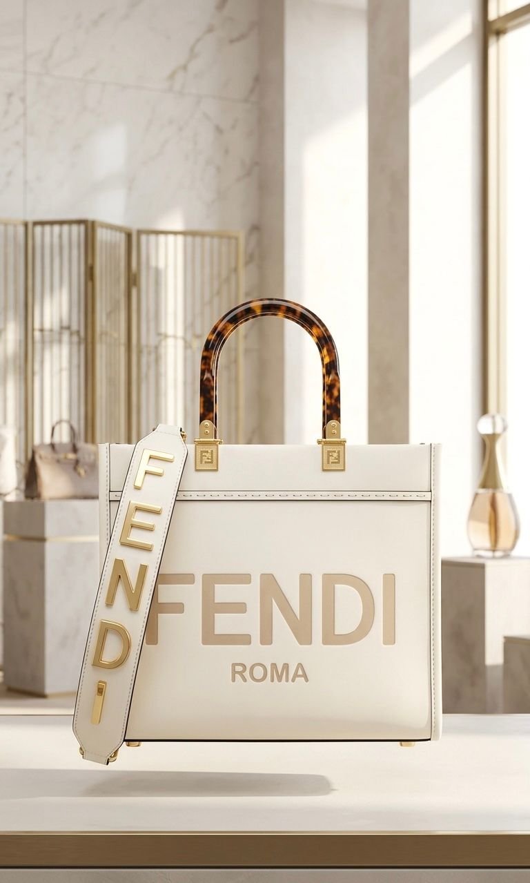 FENDI  MEDIUM SIZE LEATHER SUNSHINE SHOPPERS TOTE WHITE